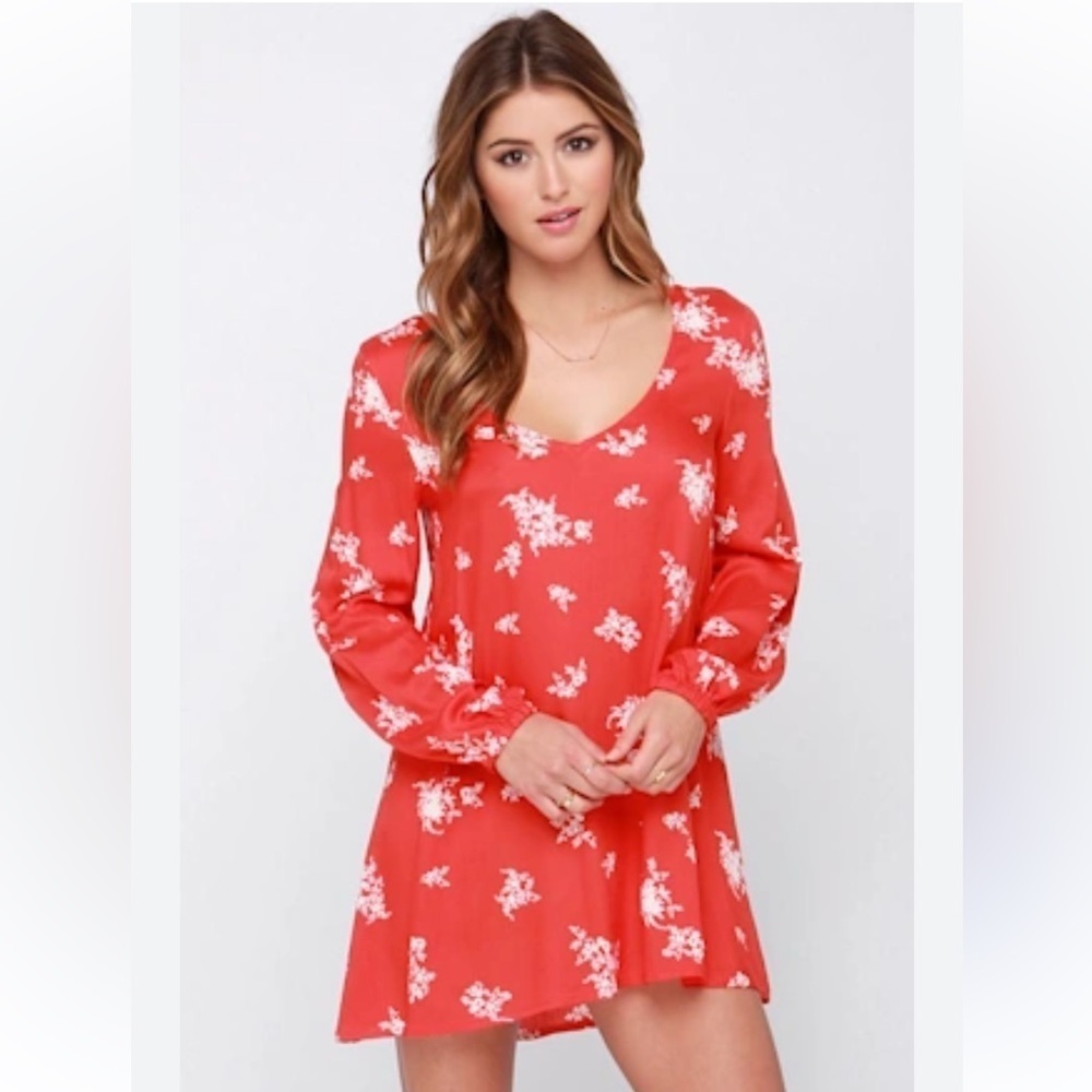 Billabong Sweet Tomorrows Red Orange Floral Print Long Sleeve Dress Sz L